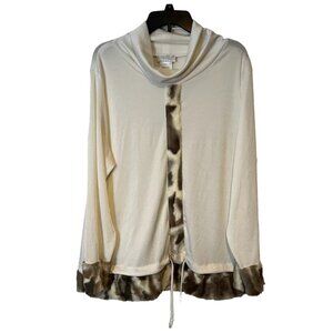 Sweater Womens 16 Faux Fir Accent Cowl Neck White Drawstring Hem Relaxed Creatio